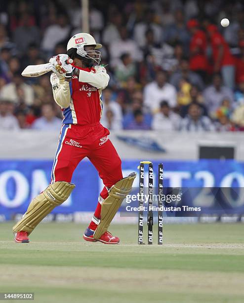 Royal Challengers Bangalore Chris Gayle in action during IPL 5 T20 match played between Deccan Chargers and Royal Challengers Bangalore at Rajiv...