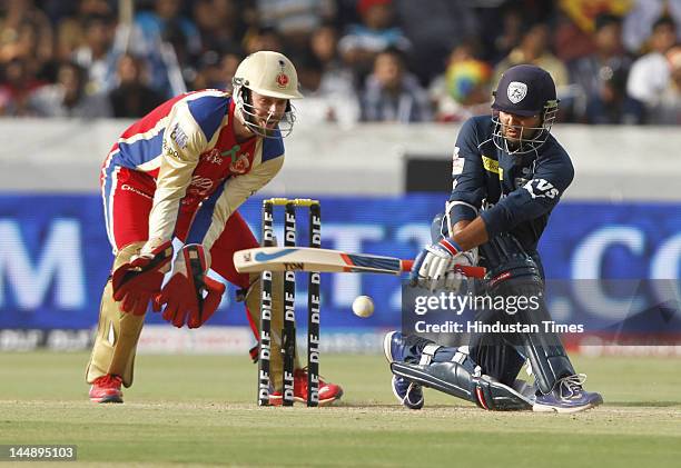 Deccan Chargers batsman Parthiv Patel plays a shot during IPL 5 T20 match played between Deccan Chargers and Royal Challengers Bangalore at Rajiv...