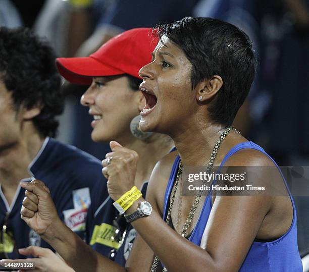 Yehali Sangakara wife of Deccan Chargers captain Kumar Sangakara cheering for his team during the IPL 5 T20 match played between Deccan Chargers and...