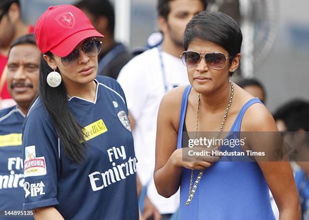 Aesha girlfriend of Deccan Chargers player Shikar Dhawan and Yehali Sangakara wife of Deccan Chargers captain Kumar Sangakara enjoying the IPL 5 T20...