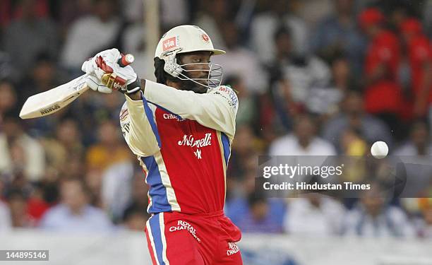 Royal Challengers Bangalore Chris Gayle in action during IPL 5 T20 match played between Deccan Chargers and Royal Challengers Bangalore at Rajiv...