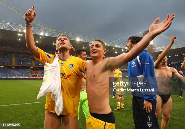 Ciro Immobile and Marco Verratti of Pescara Calcio celebrate after their promotion to Serie A after the Serie B match between UC Sampdoria and...