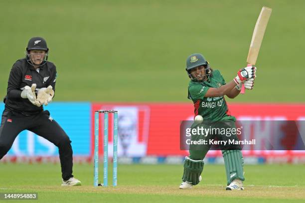 Mst Ritu Moni of Bangladesh plays a shot during game two of the One Day International series between New Zealand and Bangladesh at McLean Park on...