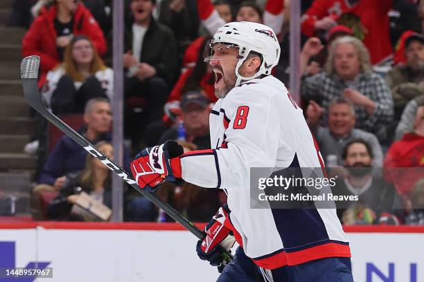 Alex Ovechkin of the Washington Capitals celebrates after scoring his 800th career goal during the third period against the Chicago Blackhawks at...