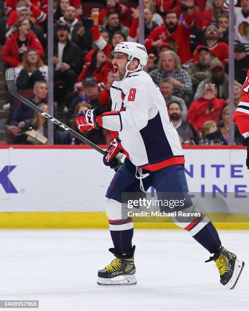 Alex Ovechkin of the Washington Capitals celebrates after scoring his 800th career goal during the third period against the Chicago Blackhawks at...