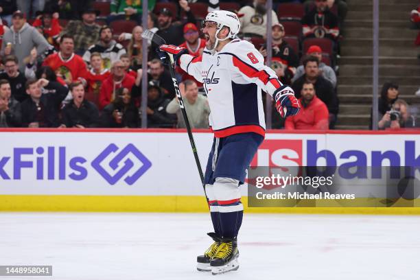 Alex Ovechkin of the Washington Capitals celebrates after scoring his 800th career goal during the third period against the Chicago Blackhawks at...