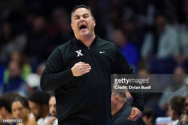 Head coach Sean Miller of the Xavier Musketeers calls out instructions in the first half against the Southern Jaguars at the Cintas Center on...