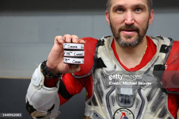 Detail of the pucks from Alex Ovechkin of the Washington Capitals 798th, 799th and 800th career goals after the game against the Chicago Blackhawks...