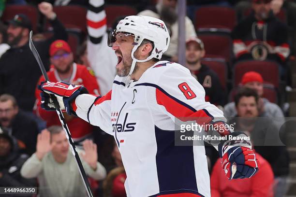 Alex Ovechkin of the Washington Capitals celebrates after scoring his 800th career goal during the third period against the Chicago Blackhawks at...