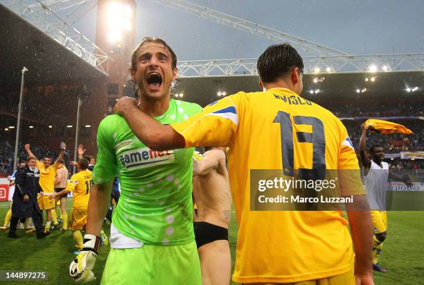 Luca Anania and Riccardo Bosco of Pescara Calcio celebrate after their promotion to Serie A after the Serie B match between UC Sampdoria and Pescara...