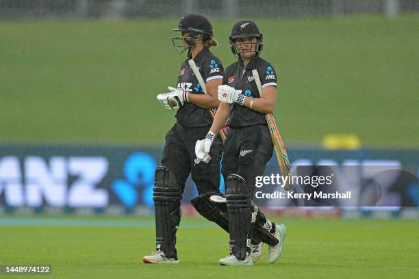 Suzie Bates and Amelia Kerr of New Zealand leave the field as rain sets in during game two of the One Day International series between New Zealand...