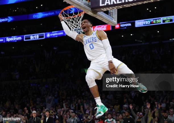 Russell Westbrook of the Los Angeles Lakers reacts to his dunk during a 122-118 loss to the Boston Celtics at Crypto.com Arena on December 13, 2022...