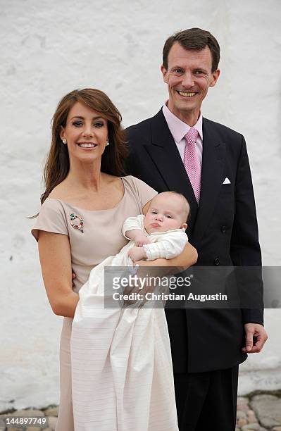 Princess Marie of Denmark, Prince Joachim of Denmark and Princess Athena of Denmark attend the christening of Princess Athena of Denmark at...
