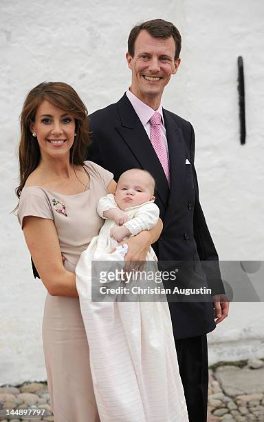 Princess Marie of Denmark, Prince Joachim of Denmark and Princess Athena of Denmark attend the christening of Princess Athena of Denmark at...