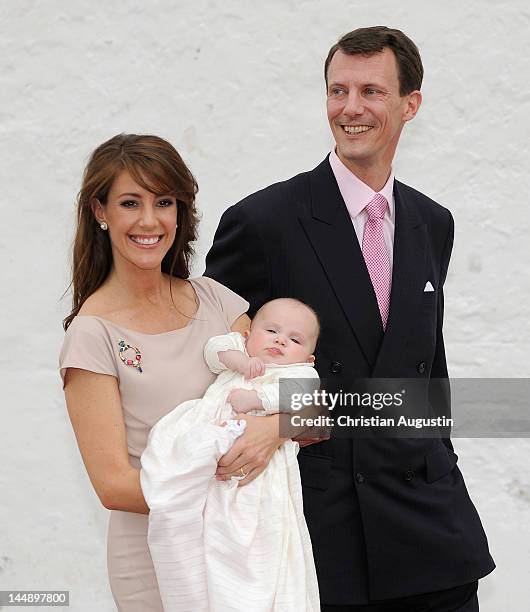 Princess Marie of Denmark, Prince Joachim of Denmark and Princess Athena of Denmark attend the christening of Princess Athena of Denmark at...