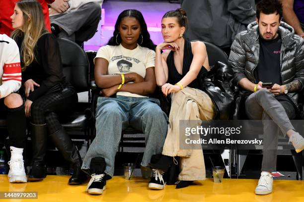 Hailey Bieber and Justine Skye attend a basketball game between the Los Angeles Lakers and the Boston Celtics at Crypto.com Arena on December 13,...