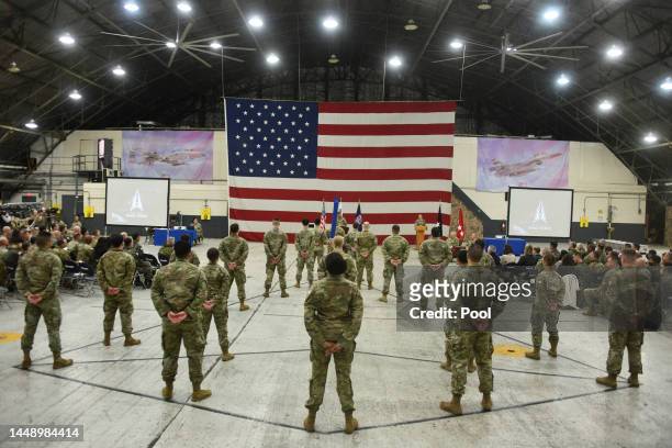Soldiers attend the activation ceremony for the United States Space Forces Korea on December 14, 2022 in Pyeongtaek, South Korea. U.S. Military set...