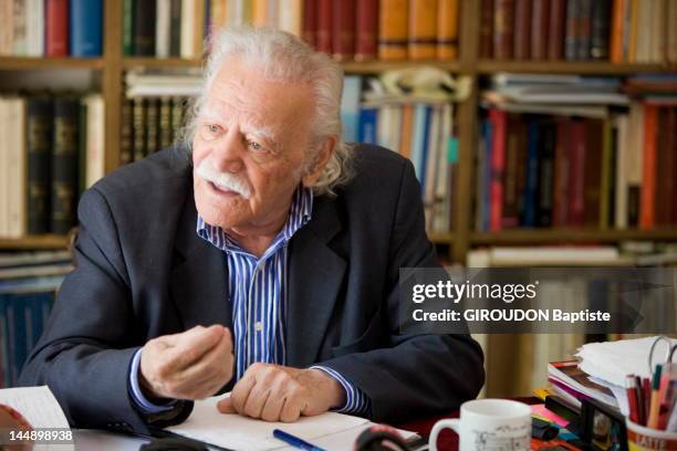 Syriza party member MP Manolis Glezos hero of the resistance against the Nazis, speaks during an interview at his office on April 11, 2012 in Athens,...