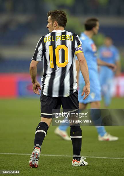 Alessandro Del Piero of Juventus FC looks on during the Tim Cup Final between Juventus FC and SSC Napoli at Olimpico Stadium on May 20, 2012 in Rome,...