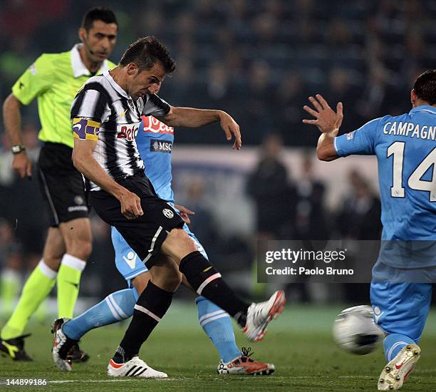 Alessandro Del Piero of Juventus FC kicks the ball during the Tim Cup final match between Juventus FC and SSC Napoli at Olimpico Stadium on May 20,...