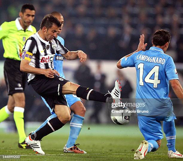 Alessandro Del Piero of Juventus FC kicks the ball during the Tim Cup final match between Juventus FC and SSC Napoli at Olimpico Stadium on May 20,...