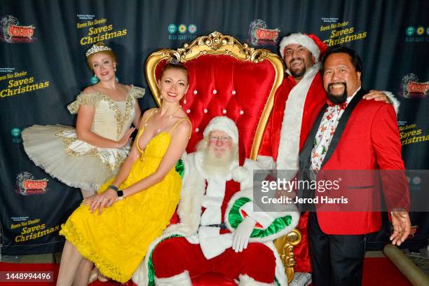 Katherine Pegova, James Balsamo and Bill Victor Arucan attend Raven Van Slender Saves Christmas! Premiere at TCL Chinese Theatre on December 13, 2022...