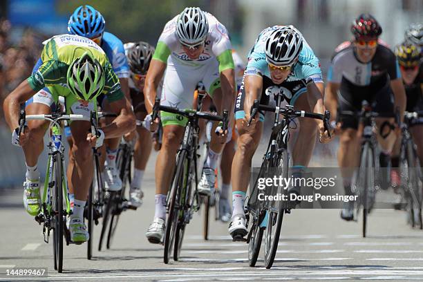Peter Sagan of Slovakia riding for Liquigas-Cannondale sprint to the line ahead of Tom Boonen of Belgium riding for Omega Pharma-QuickStep in second...