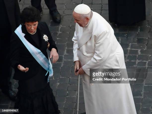 Pope Francis and Ambassador of Spain to the Holy See Maria Isabel Celaa Dieguez during a visit in Piazza di Spagna in order to venerate the statue of...