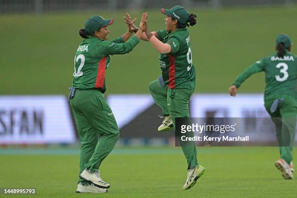 Nahida Akter and Fargana Hoque Pinky celebrate during game two of the One Day International series between New Zealand and Bangladesh at McLean Park...