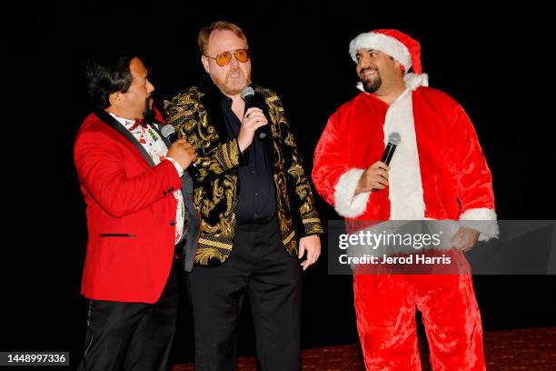 Bill Victor Arucan, Greg Tally and James Balsamo attend Raven Van Slender Saves Christmas! Premiere at TCL Chinese Theatre on December 13, 2022 in...