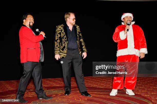 Bill Victor Arucan, Greg Tally and James Balsamo attend Raven Van Slender Saves Christmas! Premiere at TCL Chinese Theatre on December 13, 2022 in...