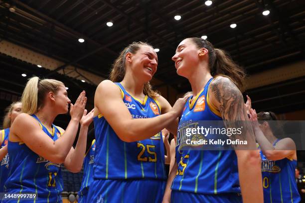 Megan McKay of the Spirit and Anneli Maley of the Spirit celebrate the win during the round six WNBL match between Bendigo Spirit and Sydney Flames...