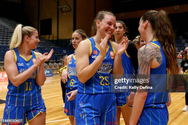 Megan McKay of the Spirit and Anneli Maley of the Spirit celebrate the win during the round six WNBL match between Bendigo Spirit and Sydney Flames...