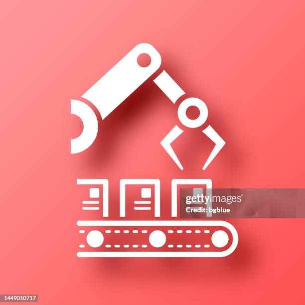 robotic arm on production line. icon on red background with shadow - wrapping arm stock illustrations