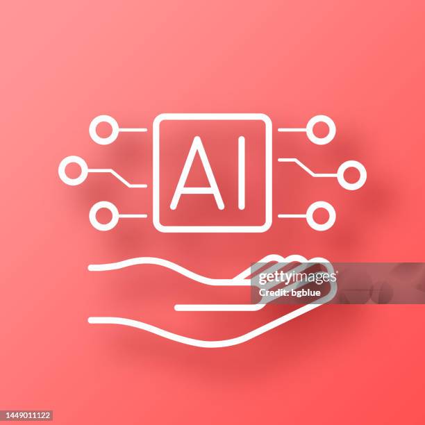 artificial intelligence ai in hand. icon on red background with shadow - holding computer chip stock illustrations