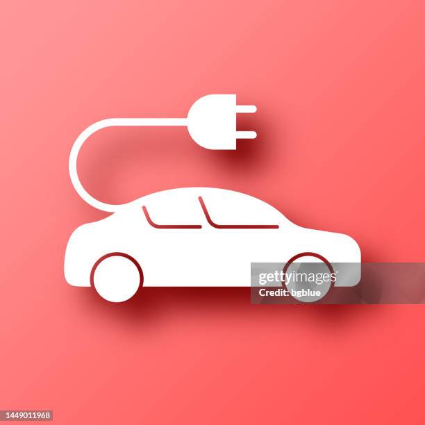 electric car with plug. icon on red background with shadow - red car wire 幅插畫檔、美�工圖案、卡通及圖標