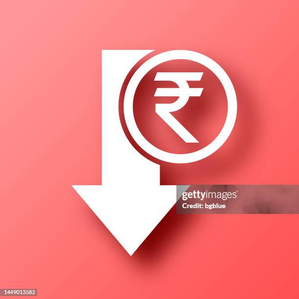 indian rupee decrease. icon on red background with shadow - rupee down stock illustrations