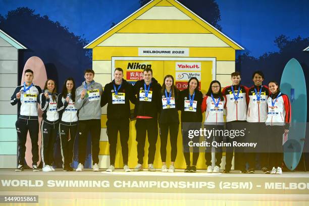 Silver medallists Lorenzo Mora, Nicolò Martinenghi, Silvia di Pietro and Costanza Cocconcelli, Gold medallists Ryan Murphy, Nic Fink, Kate Douglass...