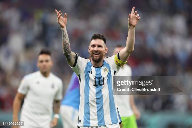 Lionel Messi of Argentina celebrates the team's 3-0 victory in the FIFA World Cup Qatar 2022 semi final match between Argentina and Croatia at Lusail...