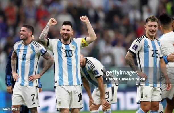 Lionel Messi of Argentina celebrates the team's 3-0 victory in the FIFA World Cup Qatar 2022 semi final match between Argentina and Croatia at Lusail...