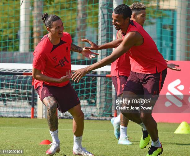 Darwin Nunez of Liverpool with Joel Matip of Liverpool during a training session on December 14, 2022 in Dubai, United Arab Emirates.