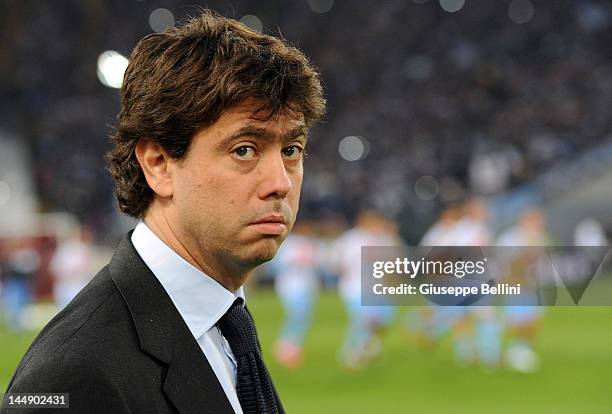 Andrea Agnelli President of Juventus before the Tim Cup final match between Juventus FC and SSC Napoli at Olimpico Stadium on May 20, 2012 in Rome,...