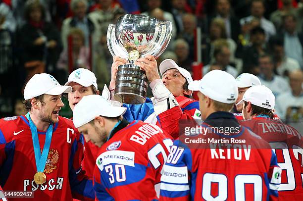 Alexander Ovechkin of Russia lifts the trophy after the IIHF World Championship gold medal match between Russia and Slovakia at Hartwall Arena on May...