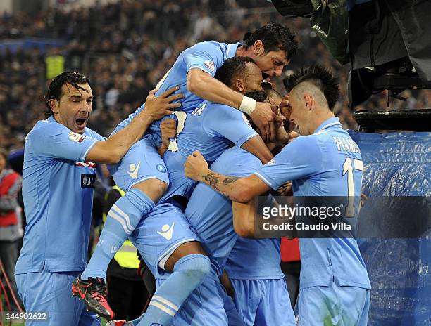 Edinson Cavani of SSC Napoli celebrates scoring the first goal during the Tim Cup Final between Juventus FC and SSC Napoli at Olimpico Stadium on May...