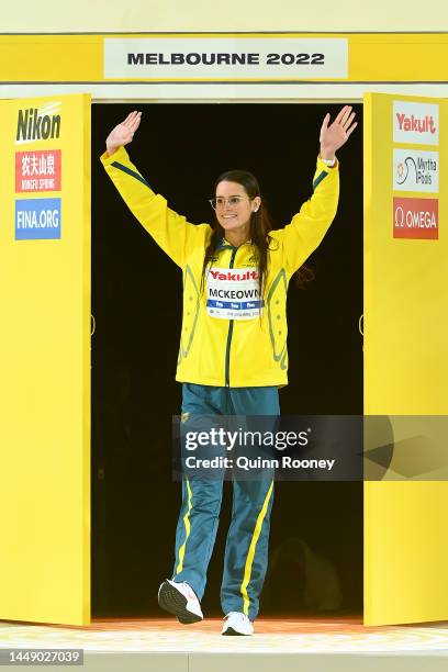 Gold medallist Kaylee McKeown of Australia celebrates during the medal ceremony for the Women's 100m Backstroke Final on day two of the 2022 FINA...
