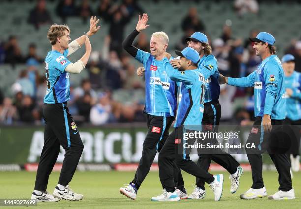 Peter Siddle of the Strikers celebrates combining with Henry Thornton of the Strikers in taking the wicket of James Vince of the Sixers for a duck....