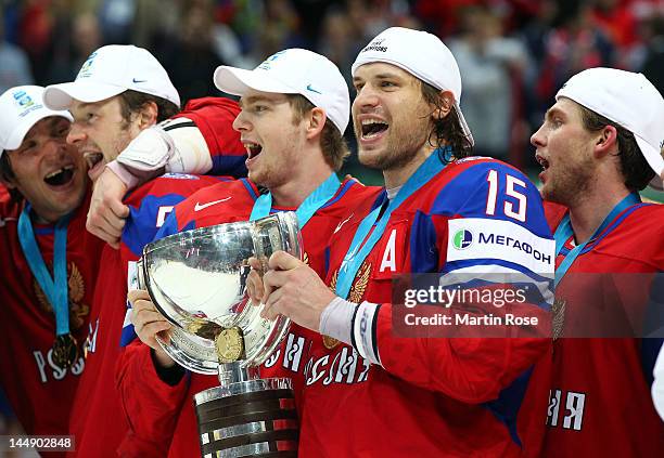 Alexander Svitov of Russia celebrates after winning the gold medal after the IIHF World Championship gold medal match between Russia and Slovakia at...