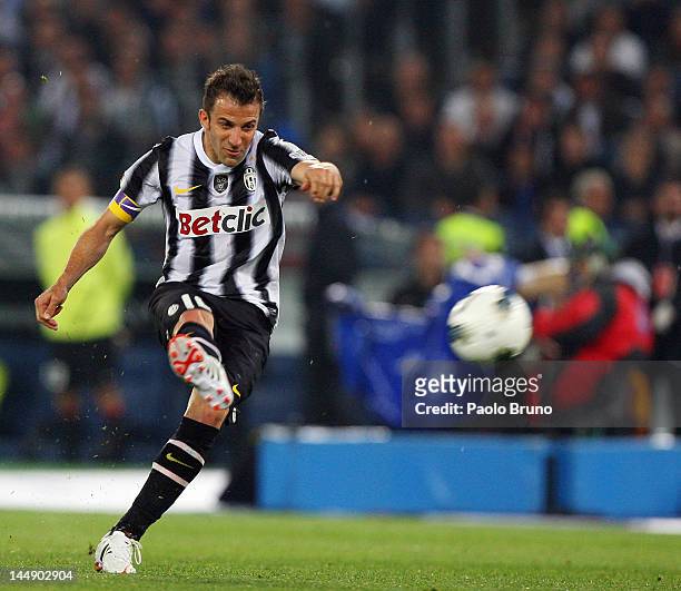 Alessandro Del Piero of Juventus FC kicks the ball during the Tim Cup final match between Juventus FC and SSC Napoli at Olimpico Stadium on May 20,...