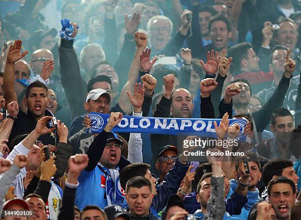 Fans of SSC Napoli team support their team during the Tim Cup final match between Juventus FC and SSC Napoli at Olimpico Stadium on May 20, 2012 in...