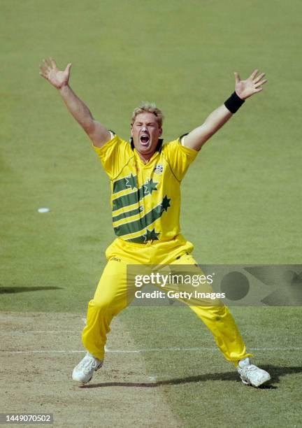 Australia leg spinner Shane Warne celebrates a wicket during the 1999 ICC Cricket World Cup Final between Australia and Pakistan at Lords on June...